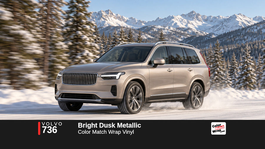 Illustrative XC90-inspired SUV in Volvo 736 Bright Dusk Metallic with Color Match Wrap branding