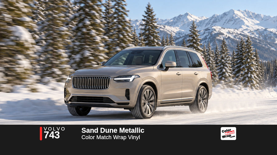 Illustrative XC90-inspired SUV in Volvo 743 Sand Dune Metallic with Color Match Wrap branding