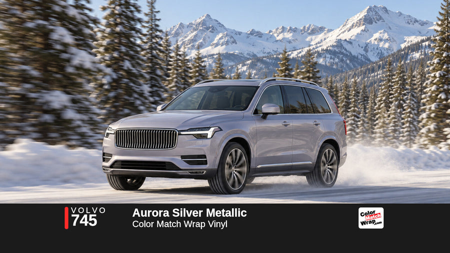 Illustrative XC90-inspired SUV in Volvo 745 Aurora Silver Metallic with Color Match Wrap branding