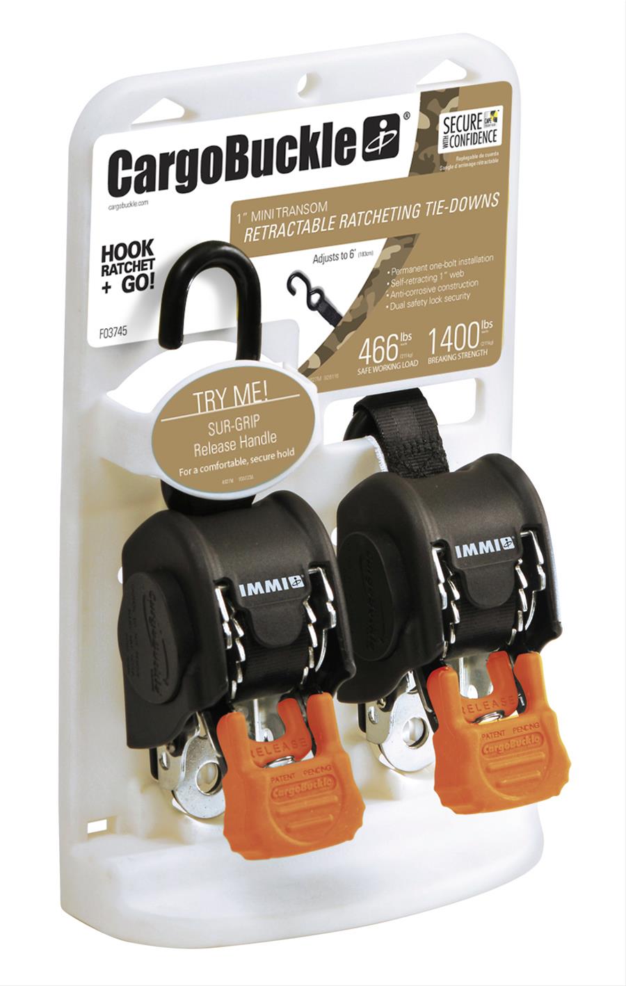 2 SETS OF 2 EACH SET: Tie-Down Straps, CargoBuckle Mini G3 Retractable Tie-Downs, Ratchet Adjustment, S-hook, 467 lbs. Working Load, Black, 6 ft. Length - 2 ADDITIONAL S-HOOKS FOR EACH SET SO EACH HAVE AN S-HOOK ON BOTH END